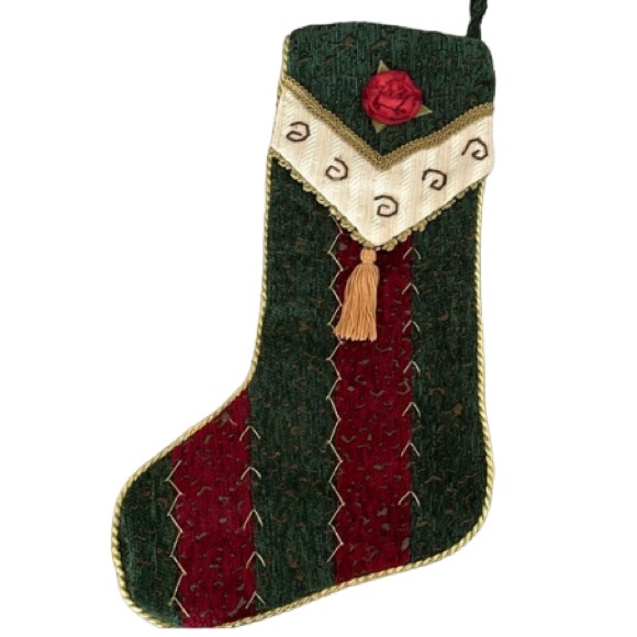NWOT CREATIVE DESIGN ELEGANT VELVET HANGING CHRISTMAS STOCKING MAROON GREEN - Picture 1 of 7